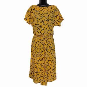 VINTAGE 1970s 1980s SHEER DRESS YELLOW BLACK ABSTRACT FLUTTER SLEEVE RETRO SZ 14